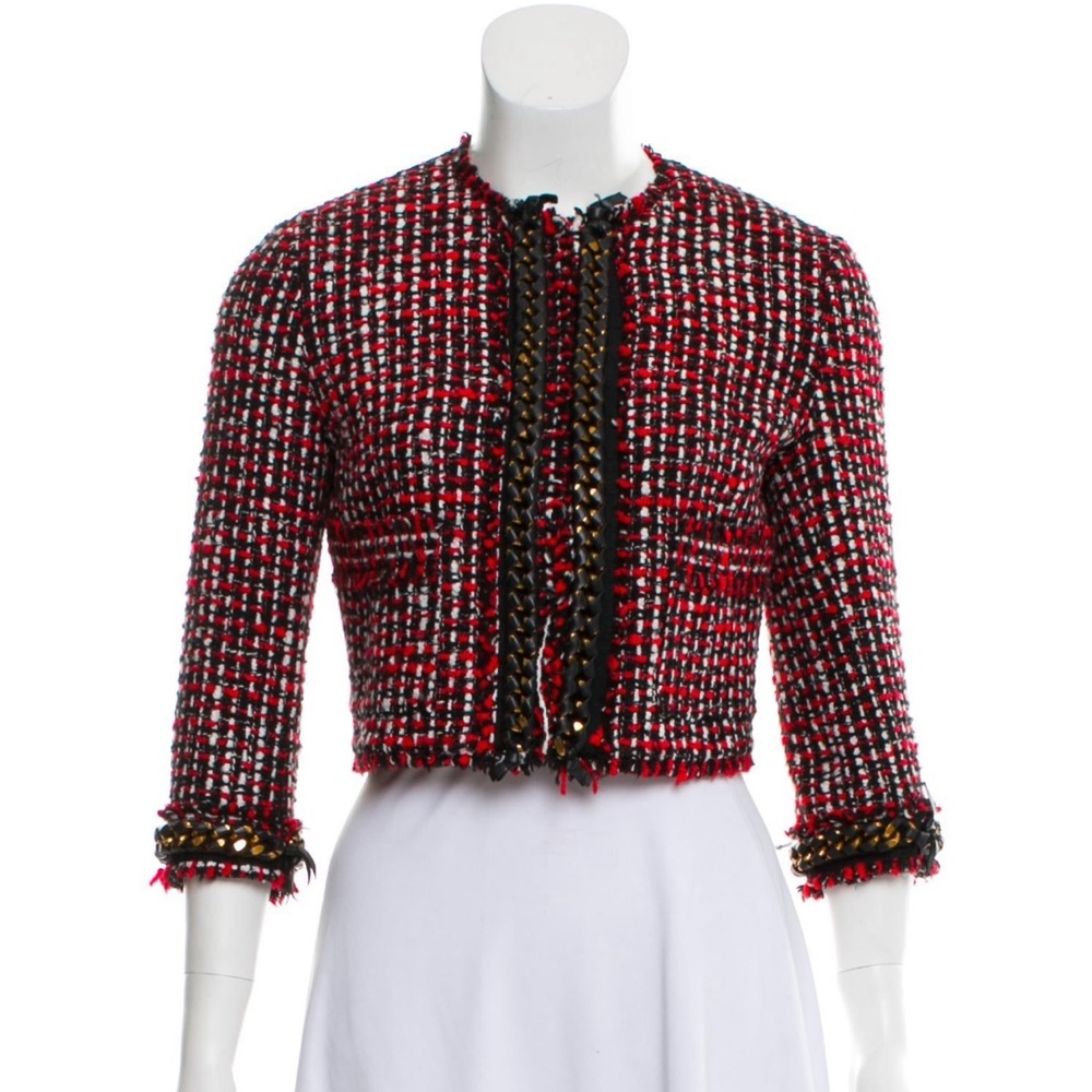 MSGM WOOL BLEND CROP JACKET WITH CHAIN RED BLACK SMALL